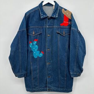 Vintage Denim Jacket‎ Coat Oversized Small Cowboy Cactus Boot Studded Blue Flaws